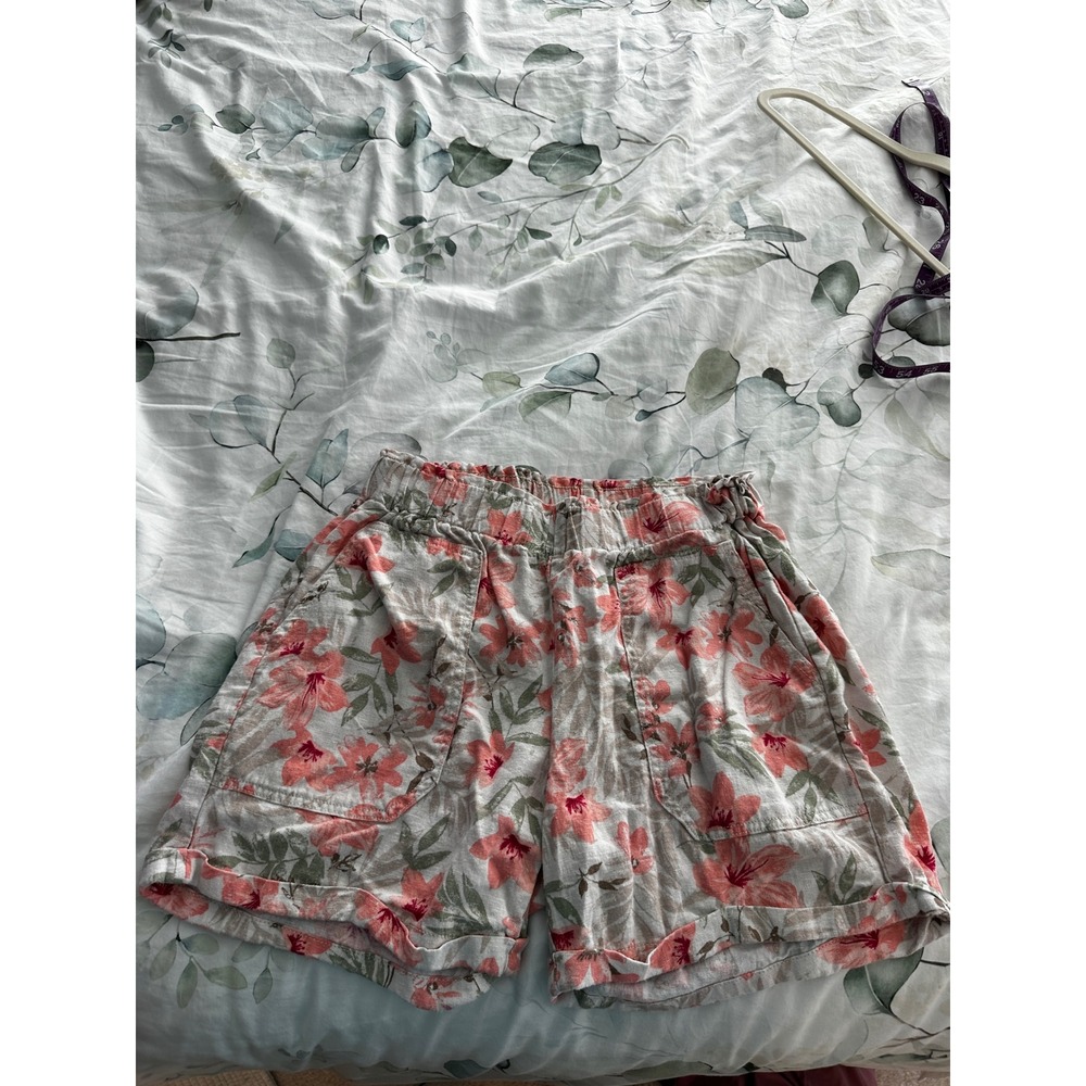Briggs Womens Pink Floral Linen Blend Pull On Shorts Elastic Waist Cuffed Small